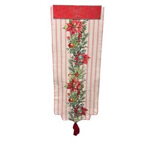 Lillian August Home Christmas Poinsettia Striped Table Runner Pink Red 14x72 NEW